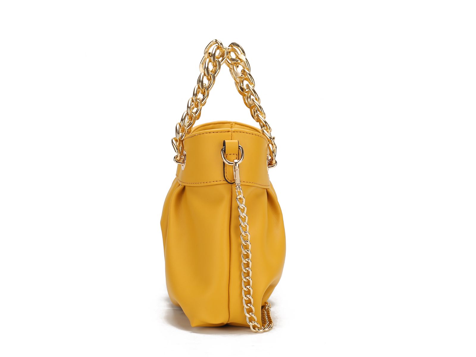 A Marvila Minimalist Vegan Leather Chain Ruched Shoulder Bag by Pink Orpheus, a fashion-forward yellow handbag with a chain on it, made of vegan leather.