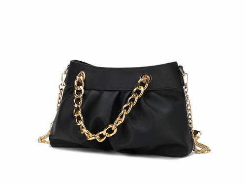 A fashion-forward, Marvila Minimalist Vegan Leather Chain Ruched Shoulder Bag by Pink Orpheus with gold chain handles.