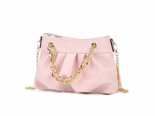 A fashion-forward Marvila Minimalist Vegan Leather Chain Ruched Shoulder Bag in the Pink Orpheus brand, with gold chain handles, also serving as a shoulder bag.