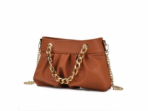 A Marvila Minimalist Vegan Leather Chain Ruched Shoulder Bag by Pink Orpheus, a fashion-forward tan shoulder bag with a chain handle in vegan leather.