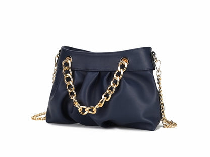 A Marvila Minimalist Vegan Leather Chain Ruched Shoulder Bag by Pink Orpheus with gold chain handles.