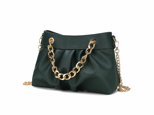 A fashion-forward Marvila Minimalist Vegan Leather Chain Ruched Shoulder Bag from Pink Orpheus with gold chain handles.