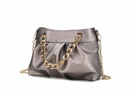 A fashion-forward, Marvila Minimalist Vegan Leather Chain Ruched Shoulder Bag with chain handles by Pink Orpheus.