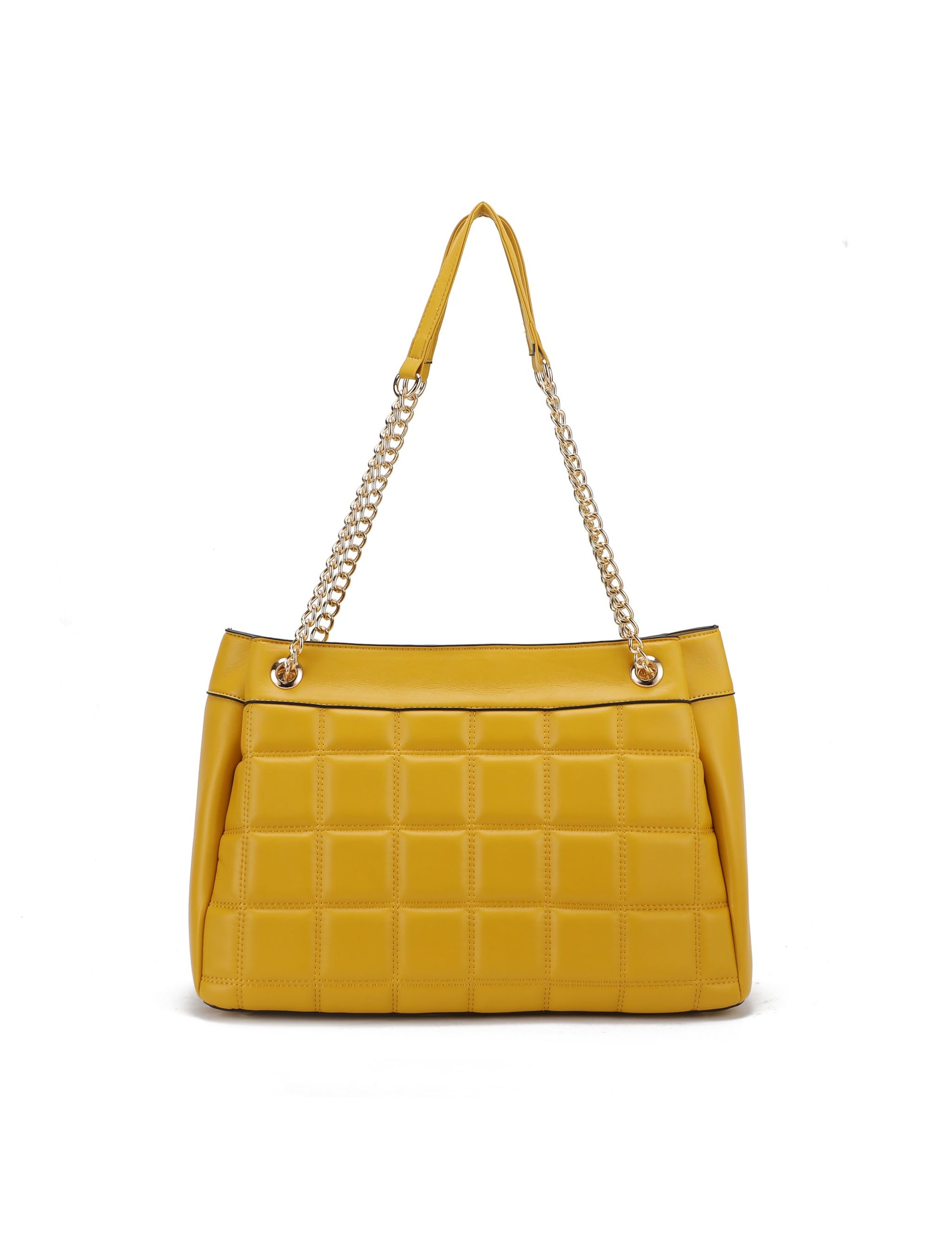 A Yellow Mabel Quilted Vegan Leather Women Shoulder Bag with Bracelet Keychain handbag from Pink Orpheus.