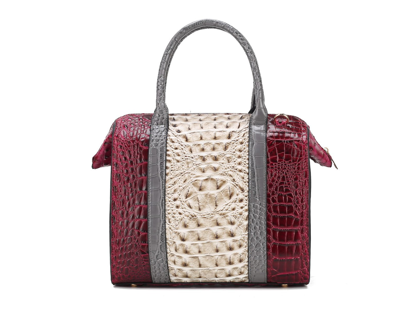 An Ember Faux Crocodile-Embossed Vegan Leather Women’s Satchel from Pink Orpheus with an adjustable strap.