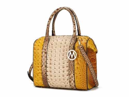 A yellow and beige Ember Faux Crocodile-Embossed Vegan Leather Women’s Satchel bag by Pink Orpheus.