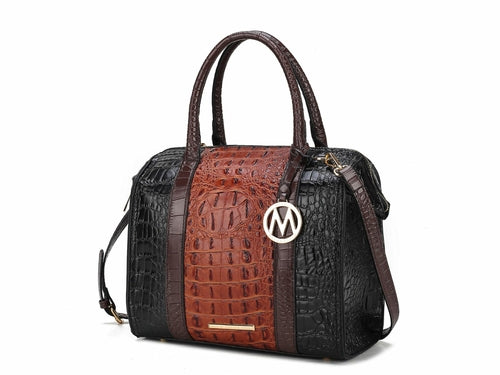 An Ember Faux Crocodile-Embossed Vegan Leather Women’s Satchel handbag with an adjustable strap by Pink Orpheus.