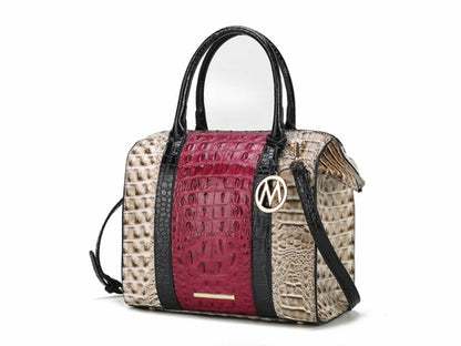 A Pink Orpheus Ember Faux Crocodile-Embossed Vegan Leather Women’s Satchel bag with red accents.