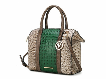 A Green Pink Orpheus Ember Faux Crocodile-Embossed Vegan Leather Women’s Satchel handbag with an adjustable strap.