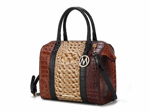 A brown and tan Ember Faux Crocodile-Embossed Vegan Leather Women’s Satchel handbag with an adjustable strap from Pink Orpheus.