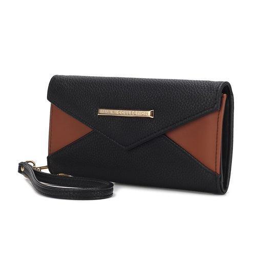 A black and tan Pink Orpheus Kearny Vegan Leather Women’s Wallet Bag with a clasp.