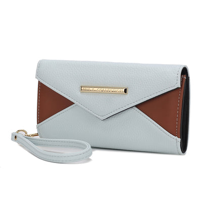 A light blue and tan Kearny Vegan Leather Women's Wallet Bag with an envelope closure, brand name Pink Orpheus.