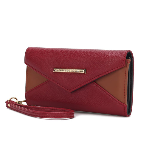 A red and tan Kearny Vegan Leather Women's Wallet Bag with a clasp from Pink Orpheus.