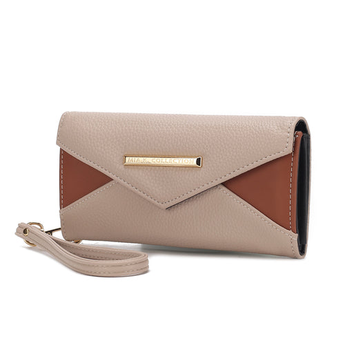 A beige and tan Kearny Vegan Leather Women's Wallet Bag with a leather strap from Pink Orpheus.
