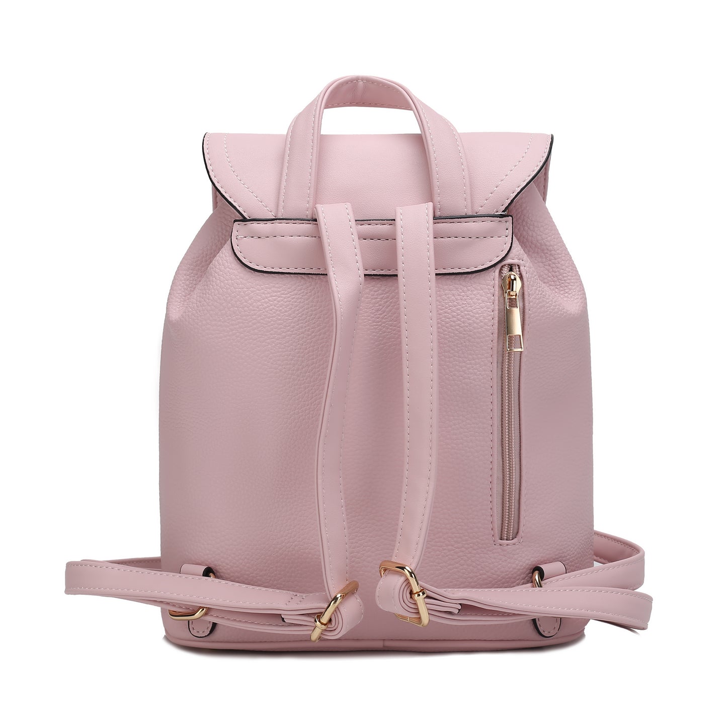 A Pink Orpheus Xandria Vegan Leather Women Backpack with gold zippers and straps.