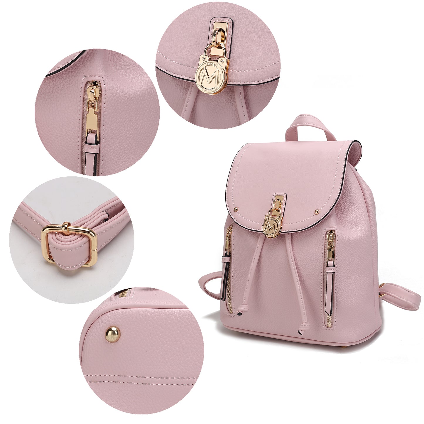 A Pink Orpheus Xandria vegan leather women backpack with gold buckles.