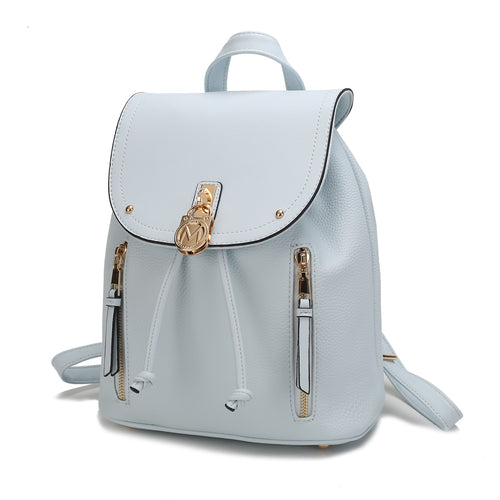 A light blue Xandria Vegan Leather Women Backpack from Pink Orpheus with gold zippers.