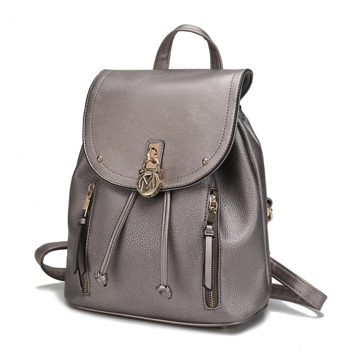 A Pink Orpheus Xandria grey vegan leather backpack with gold zippers.