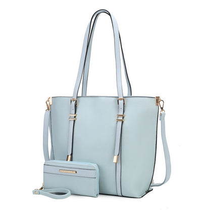 A light blue Emery Vegan Leather Women Tote Bag and Wallet set by Pink Orpheus.