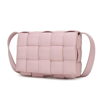 A Ginger Woven Vegan Leather Women Shoulder Bag from Pink Orpheus, with a pink cross body bag with a woven pattern and a vegan leather finish.