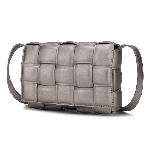 A Grey Pink Orpheus Ginger Woven Vegan Leather Women Shoulder Bag with a woven finish and a shoulder strap.