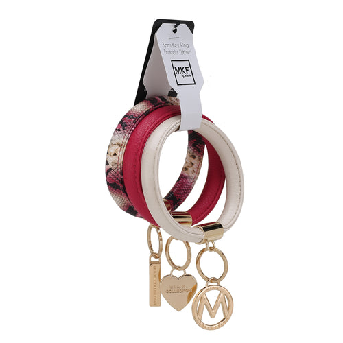 A set of Pink Orpheus Jasmine Vegan Leather Women Bangle Wristlet Keychain set with branded tag against a white background.