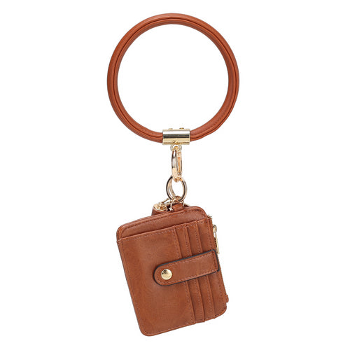 Pink Orpheus Jordyn Vegan Leather Bracelet Keychain with a Credit Card Holder with gold-tone hardware.
