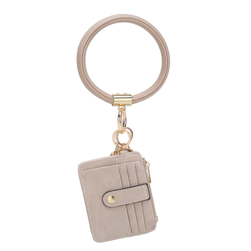 Beige Jordyn Vegan Leather Bracelet Keychain with a Credit Card Holder and snap button closure on a white background from Pink Orpheus.