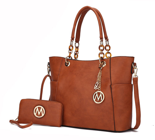 A Bonita Tote Handbag and Wallet Set made with vegan leather, featuring the letter "m" by Pink Orpheus.