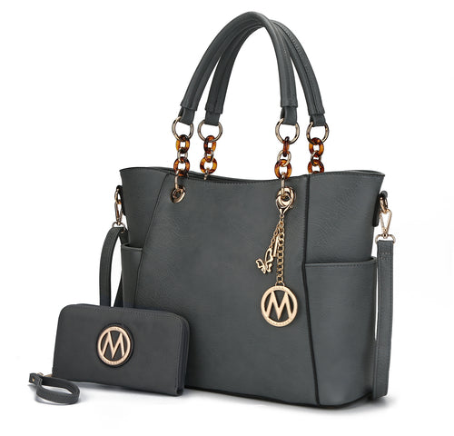 A grey Pink Orpheus Bonita Tote Handbag & Wallet Set Vegan Leather with the m logo.
