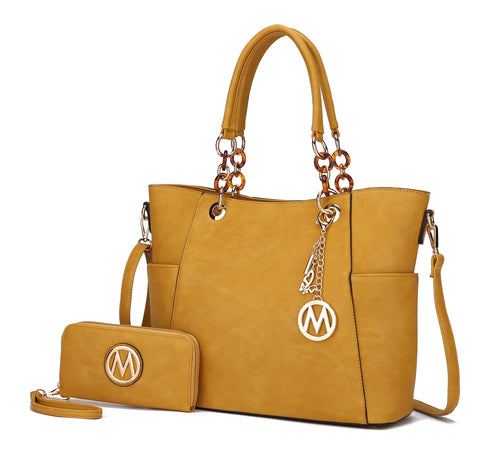 The Pink Orpheus Bonita Tote Handbag & Wallet Set Vegan Leather, crafted from high-quality vegan leather, is a stylish accessory set in vibrant yellow.