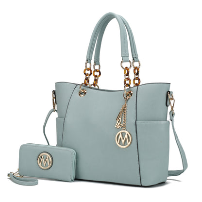 A light blue Pink Orpheus Bonita Tote Handbag & Wallet Set Vegan Leather, featuring the Bonita Tote Handbag.