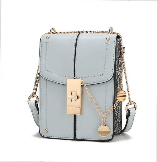 A light blue Iona Crossbody Handbag Vegan Leather Women with a gold chain made from Pink Orpheus.