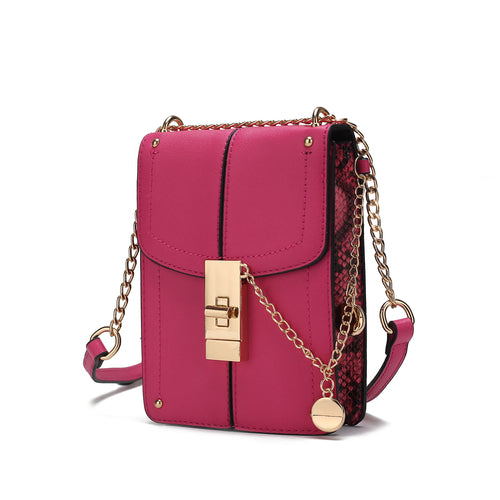 A Pink Orpheus Iona Crossbody Handbag Vegan Leather Women with a gold chain.