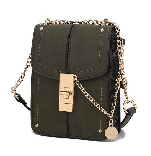 A Green Iona Crossbody Handbag Vegan Leather Women by Pink Orpheus with a gold chain.