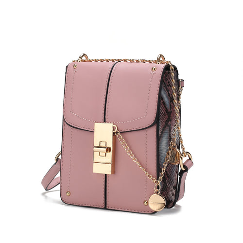 An Iona Crossbody Handbag Vegan Leather Women by Pink Orpheus with a gold chain.