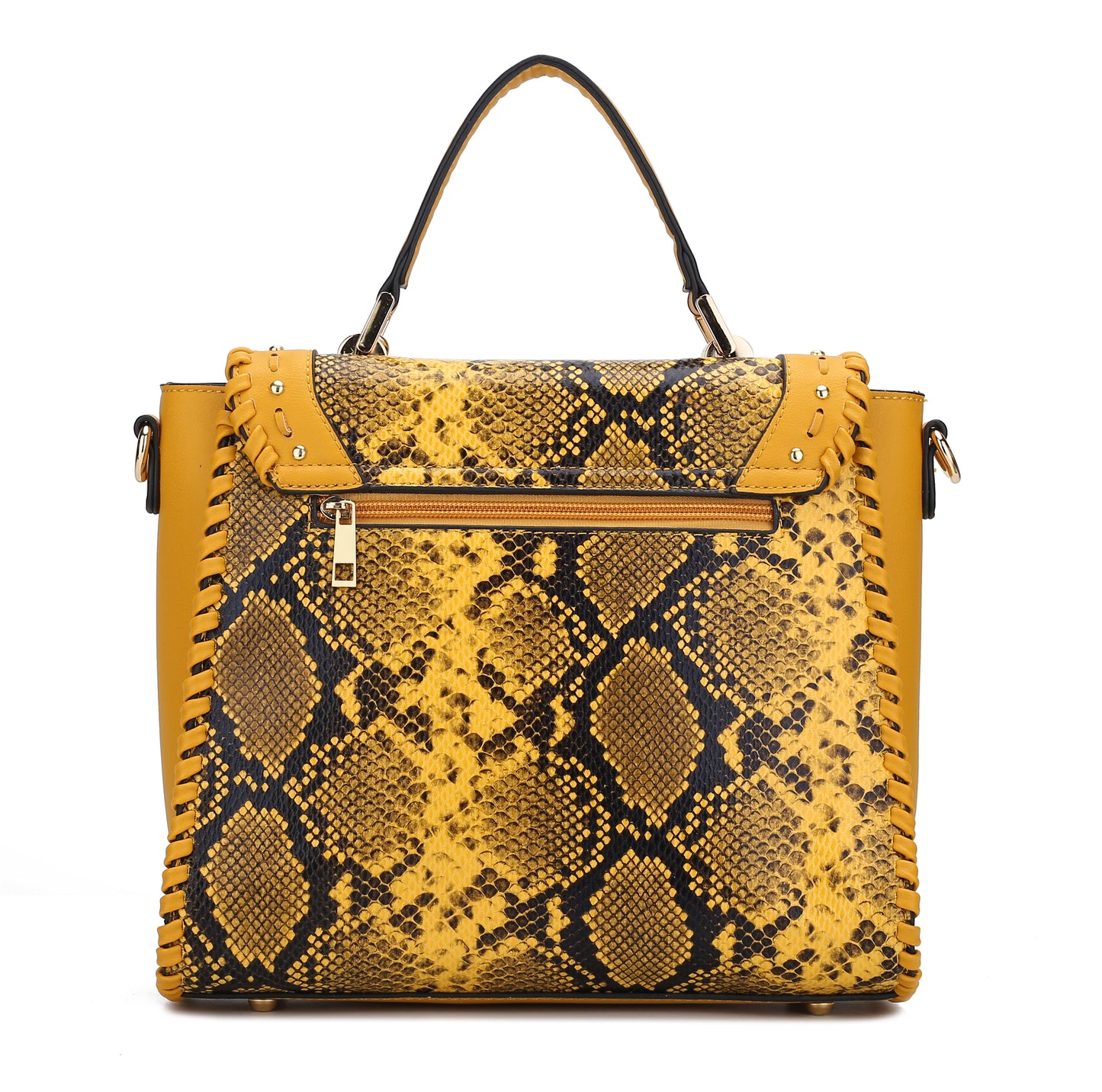 The Pink Orpheus Lilli Satchel Handbag Vegan Leather Women features a striking snake print design in yellow and black.