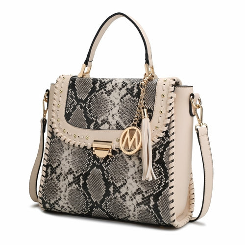 The Pink Orpheus Lilli Satchel Handbag Vegan Leather Women is a trendy choice, featuring a sleek snake print design and adorned with a stylish tassel accent. The bag is made from high-quality vegan leather.