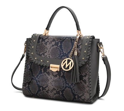 The Pink Orpheus Lilli Satchel Handbag Vegan Leather Women is an elegant and trendy accessory made with vegan leather. It features a stylish snake print design, complemented by a tassel and gold hardware details.