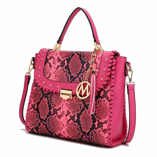 A Lilli Satchel Handbag made of vegan leather in the Pink Orpheus brand is a pink python print handbag.