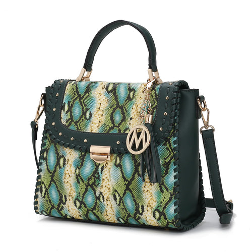 The Pink Orpheus Lilli Satchel Handbag Vegan Leather Women is a trendy accessory featuring a snake print design and a stylish tassel. Made from high-quality vegan leather, this green handbag is the perfect choice.