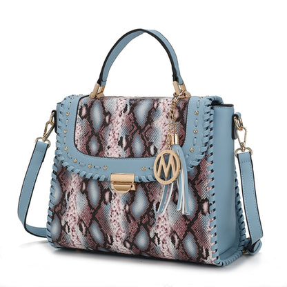 The Lilli Satchel Handbag Vegan Leather Women by Pink Orpheus is a fashionable blue and pink python print handbag with tassels.