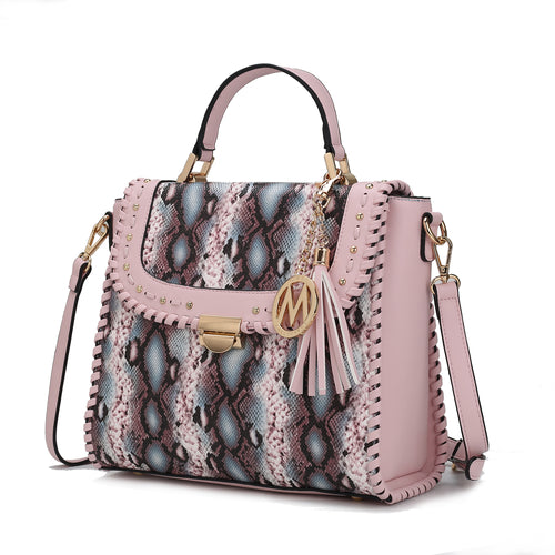 A Pink Orpheus Lilli Satchel Handbag Vegan Leather Women with a tassel, crafted from vegan leather.