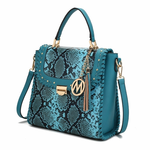 The Pink Orpheus Lilli Satchel Handbag Vegan Leather Women is a stylish accessory in a turquoise python print, featuring a tassel. Made of vegan leather, this handbag adds a touch of sophistication to any outfit.