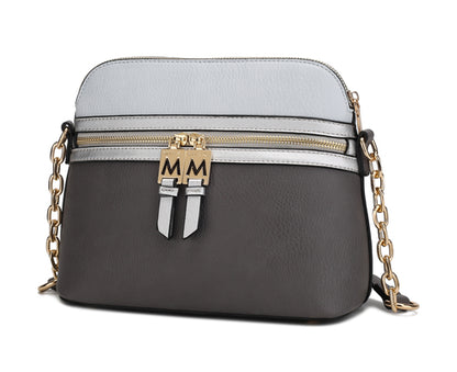 The Pink Orpheus Karelyn Crossbody Handbag Vegan Leather Women is a sustainable and vegan leather grey and white crossbody bag with a gold chain.