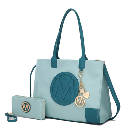 A Louise Tote Handbag and Wallet Set Vegan Leather by Pink Orpheus with the letter "M" on it.