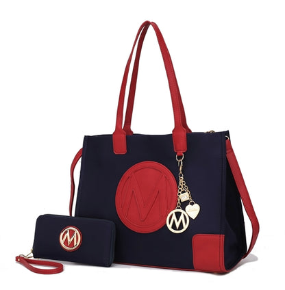 A blue and red Louise Tote Handbag and Wallet Set Vegan Leather with a monogram on it, by Pink Orpheus.