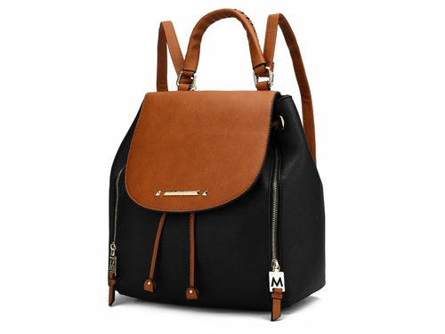 A black and tan Kimberly Backpack Vegan Leather Women from Pink Orpheus with zippers and ample storage space.