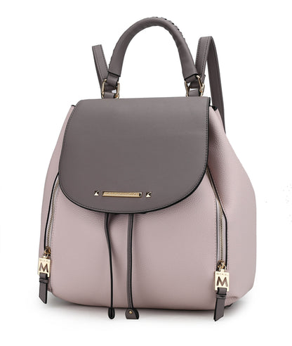 A Pink Orpheus Kimberly Backpack Vegan Leather Women with ample storage space and zippers.