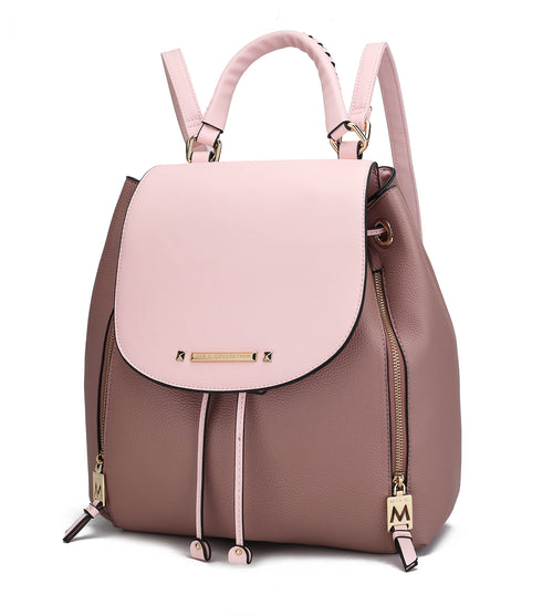 A Pink Orpheus Kimberly Backpack Vegan Leather Women with zippers that offers ample storage space.